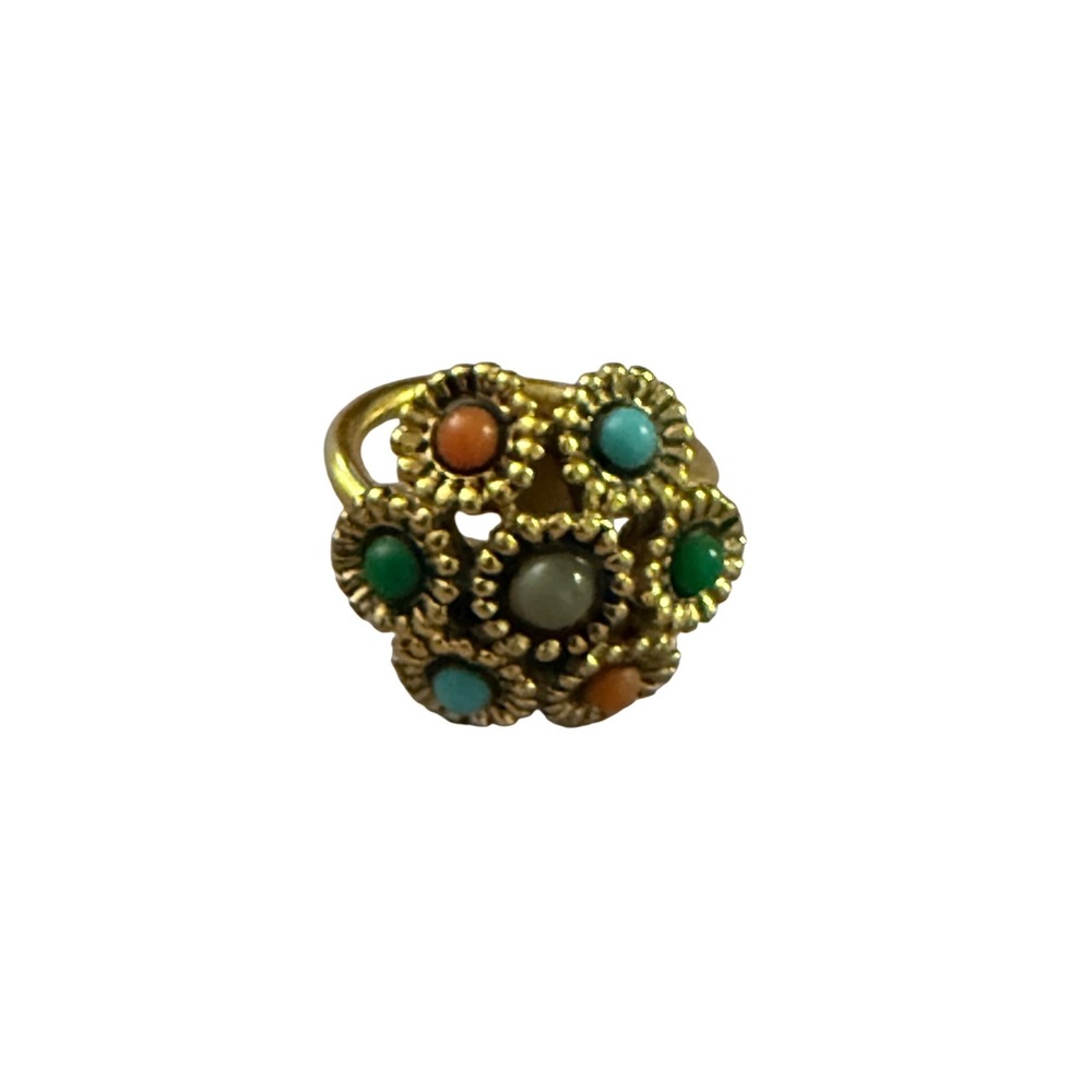 Sarah Coventry Vintage Gold Multi Color Cabochon Floral Cluster Ring Size 6.5